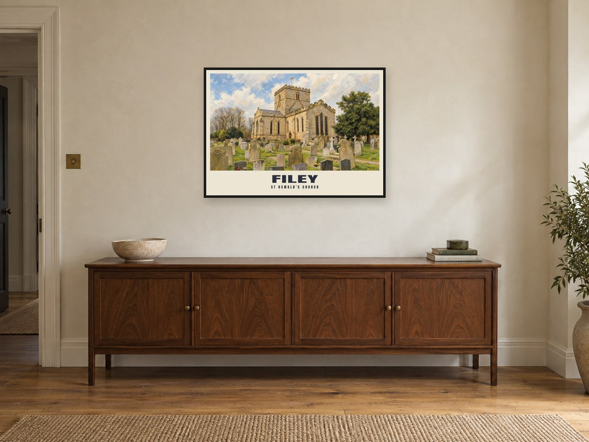 St Oswald’s Church, Filey Poster at A1, in a black frame, above a sideboard