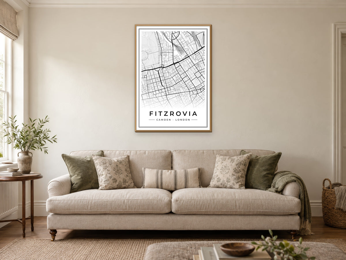 Fitzrovia Street Map Poster at A1, in a natural wood frame, in a sitting room