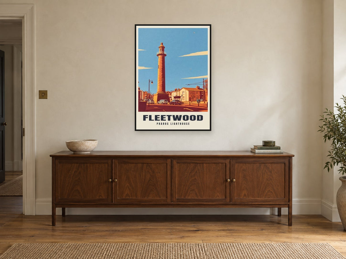 Pharos Lighthouse, Fleetwood Poster at A1, in a black frame, above a sideboard