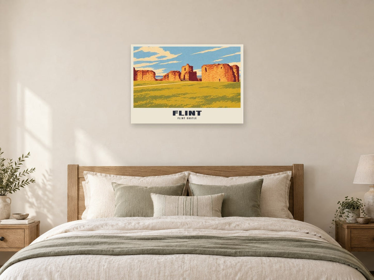 Flint Castle Poster at A1, as a poster, above a bed