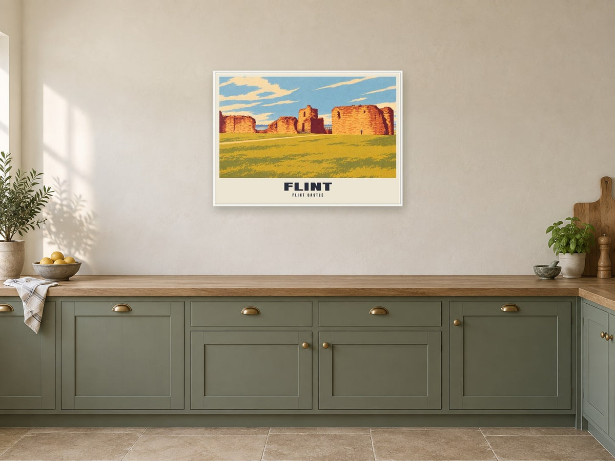 Flint Castle Poster at A1, in a white frame, in a kitchen