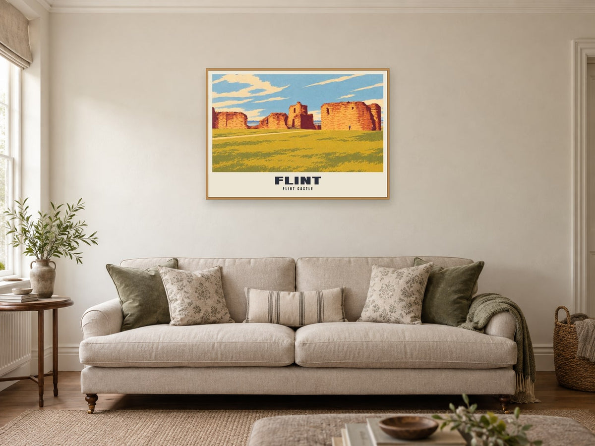 Flint Castle Poster at A1, in a natural wood frame, in a sitting room