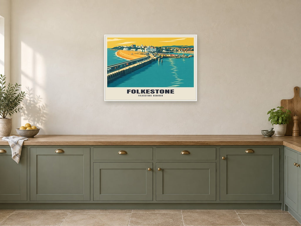 Folkestone harbour Poster at A1, in a white frame, in a kitchen