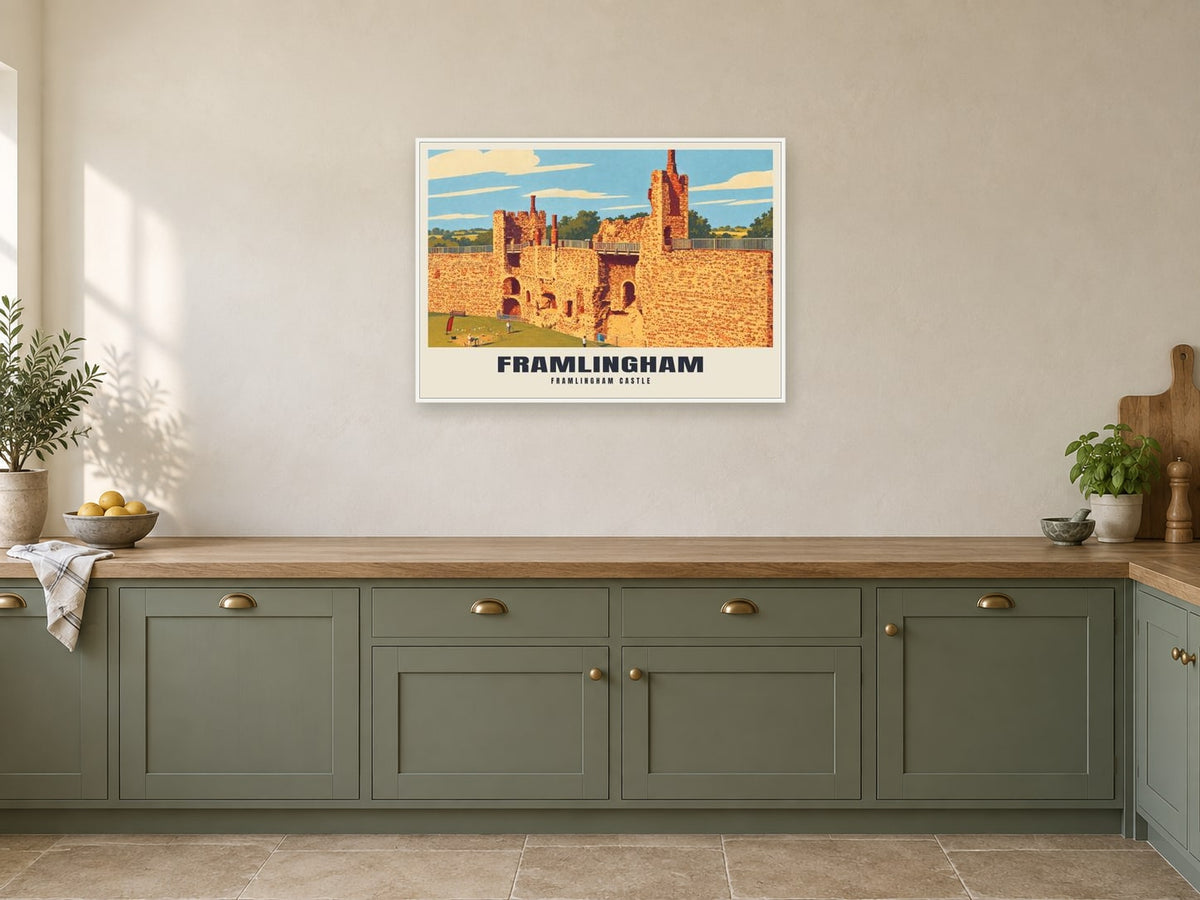 Framlingham Castle Poster at A1, in a white frame, in a kitchen