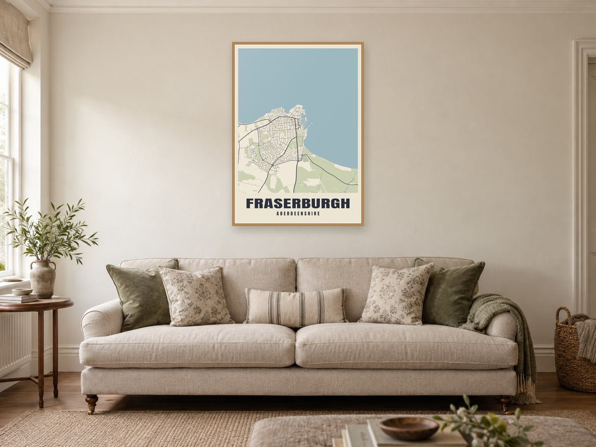 Fraserburgh Street Map Poster at A1, in a natural wood frame, in a sitting room