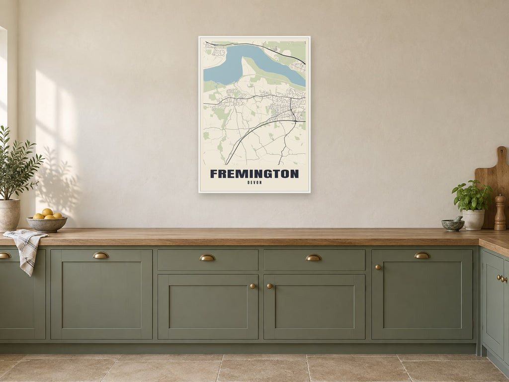 Fremington Street Map Poster at A1, in a white frame, in a kitchen