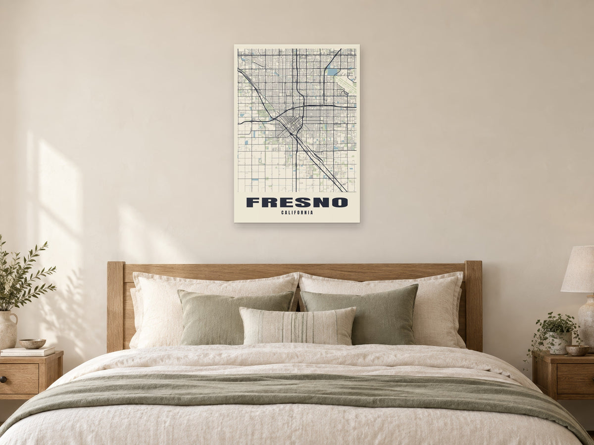 Fresno Street Map Poster at A1, as a poster, above a bed