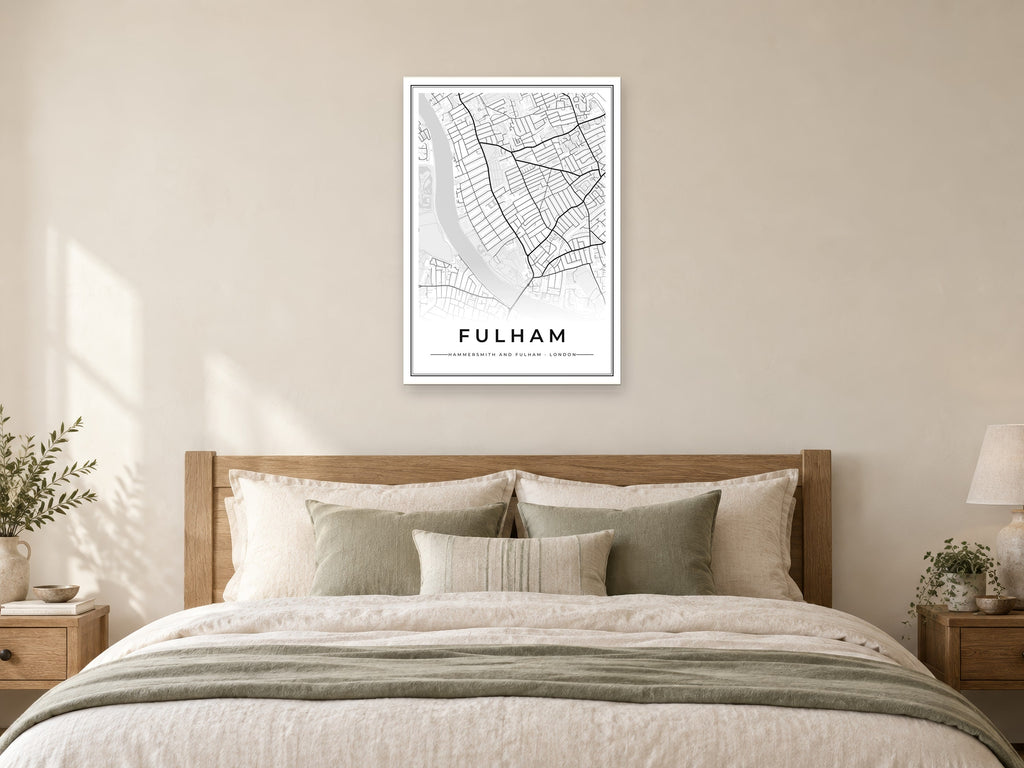 Fulham Street Map Poster at A1, as a poster, above a bed