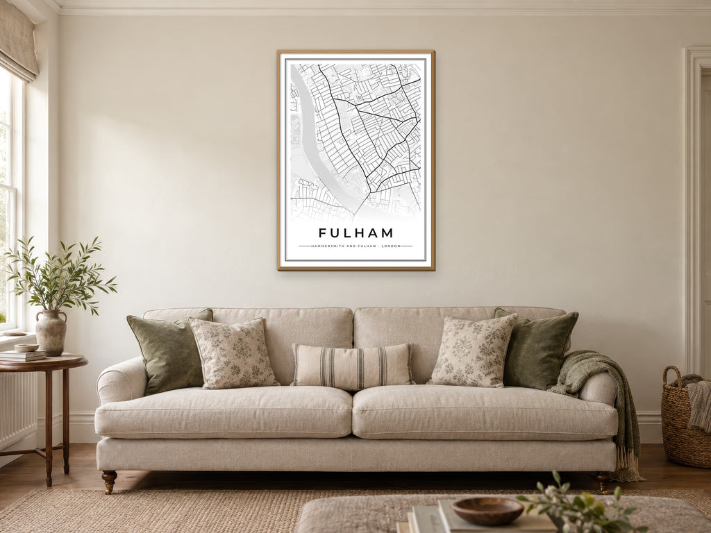 Fulham Street Map Poster at A1, in a natural wood frame, in a sitting room