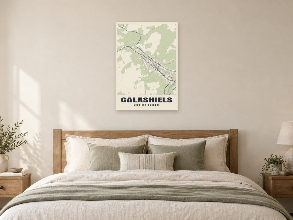 Galashiels Street Map Poster at A1, as a poster, above a bed