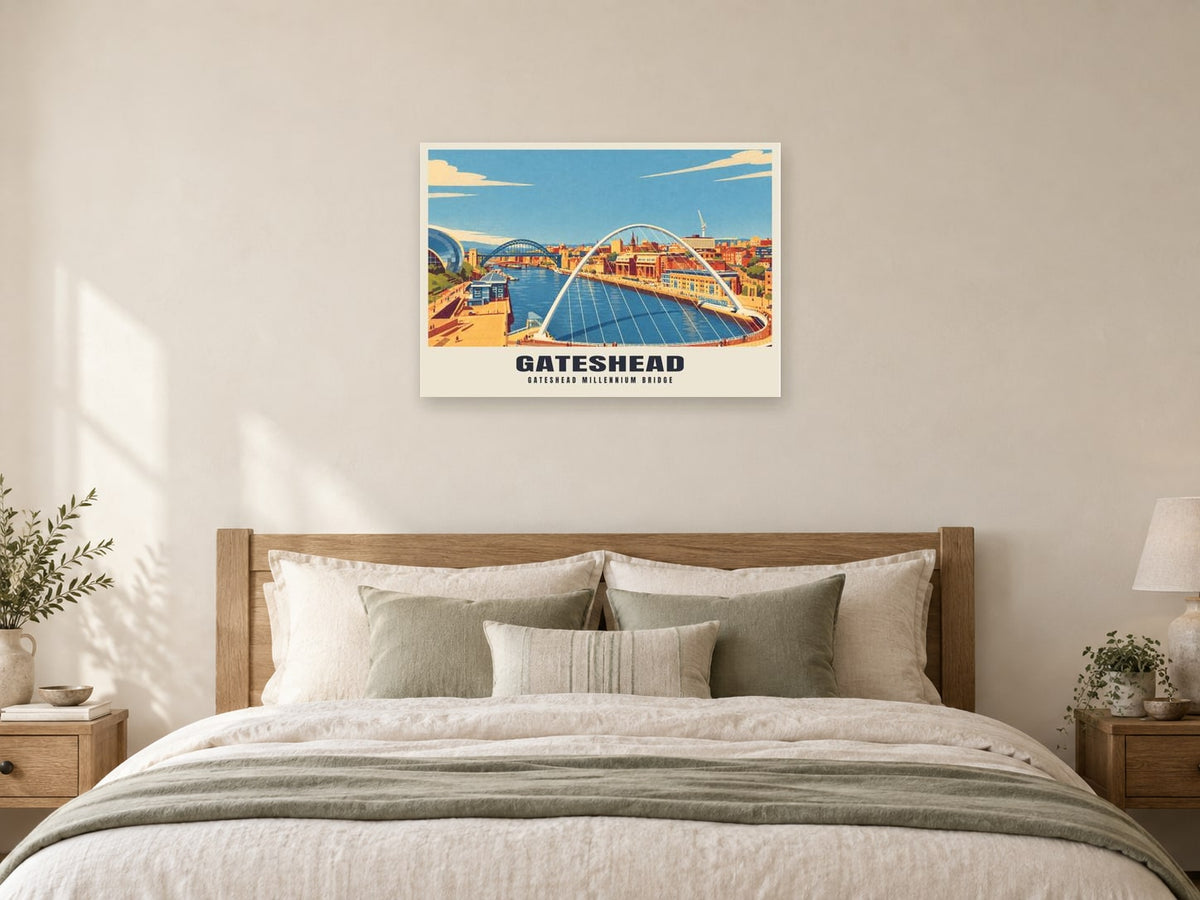 Gateshead Millennium Bridge Poster at A1, as a poster, above a bed