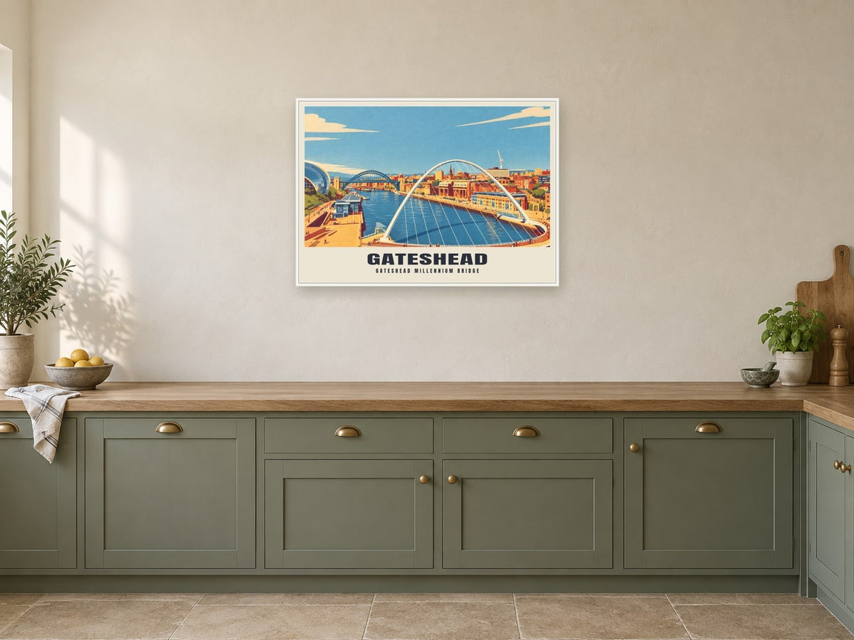 Gateshead Millennium Bridge Poster at A1, in a white frame, in a kitchen