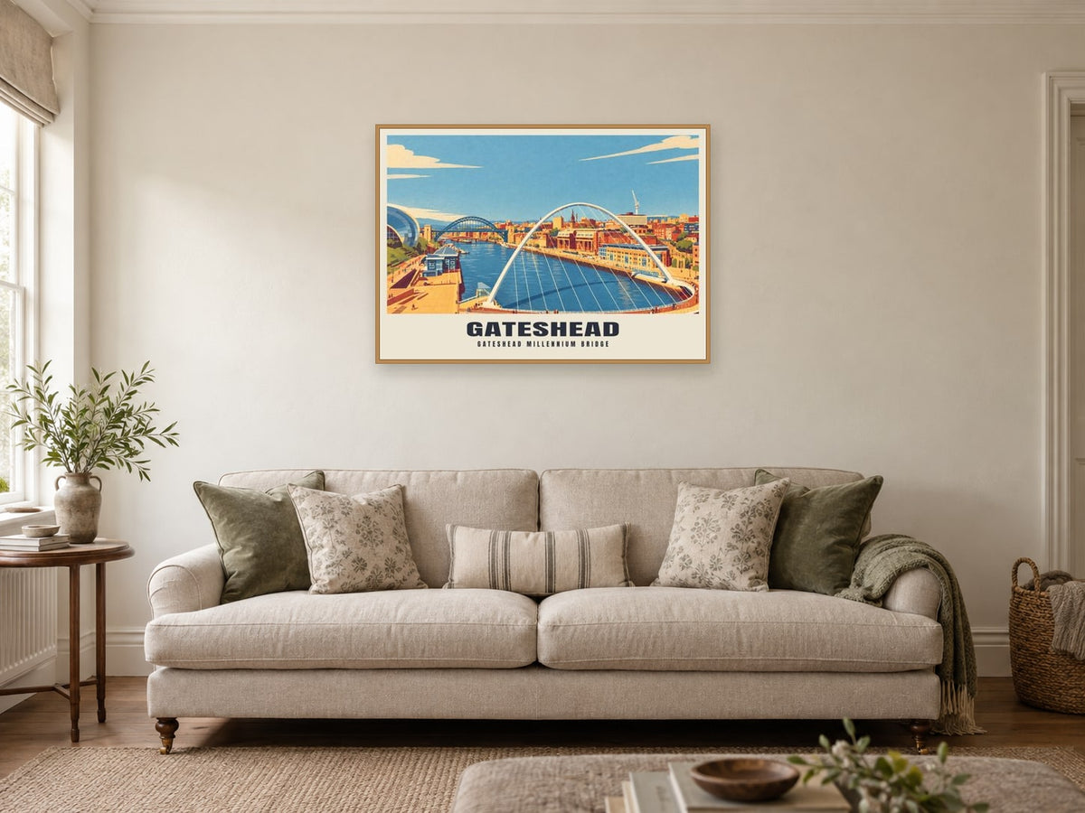 Gateshead Millennium Bridge Poster at A1, in a natural wood frame, in a sitting room