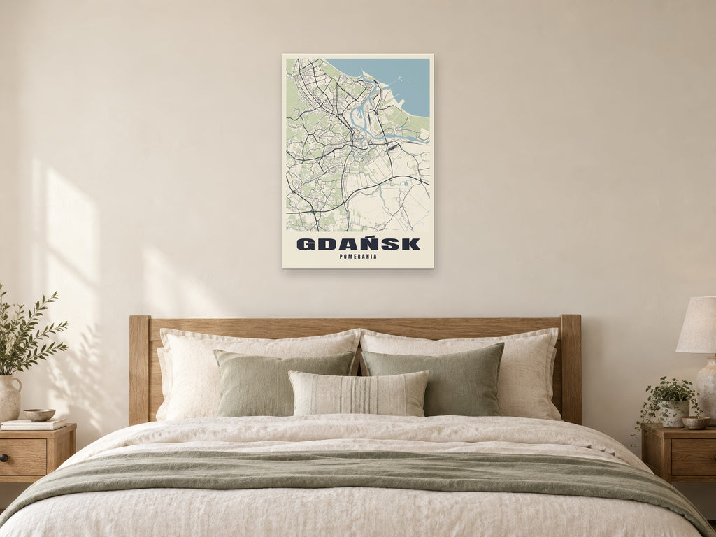 Gdańsk Street Map Poster at A1, as a poster, above a bed