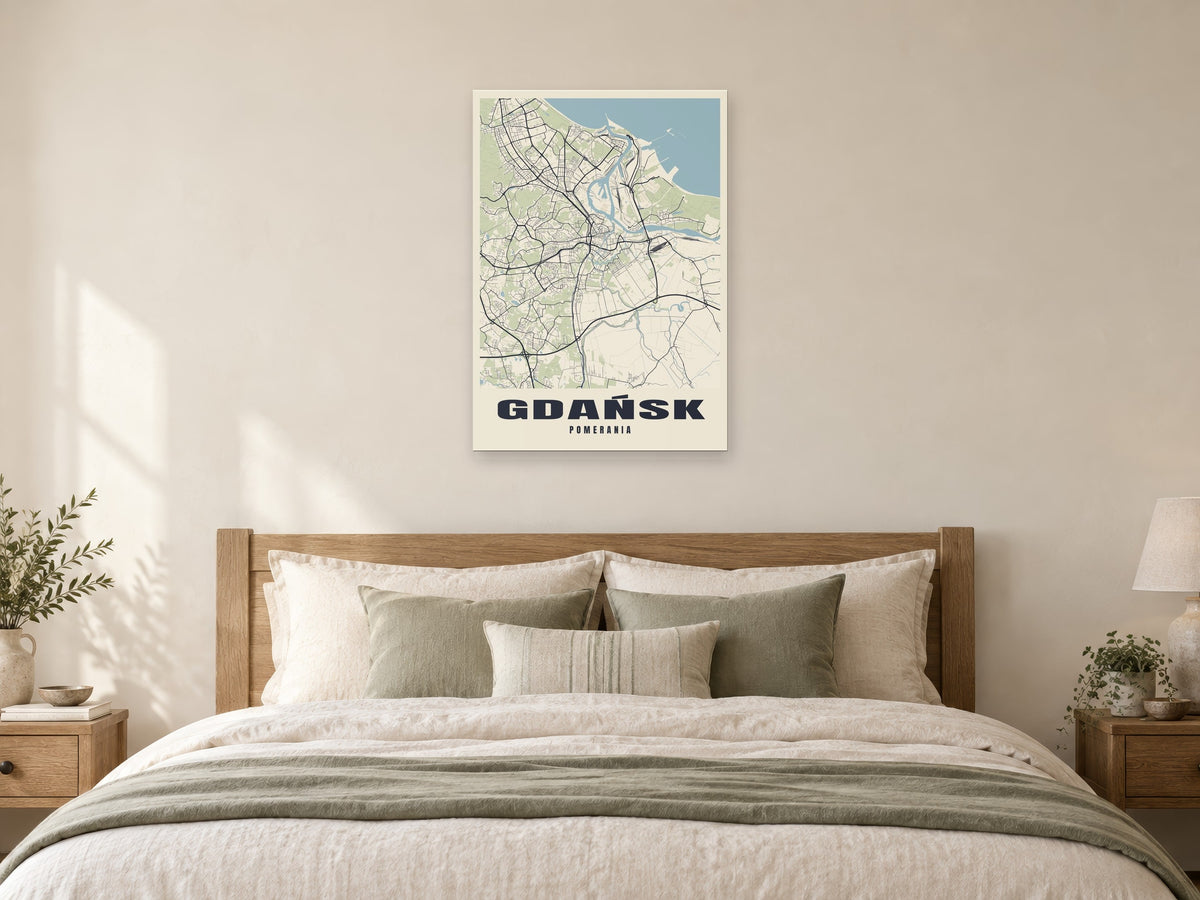 Gdańsk Street Map Poster at A1, as a poster, above a bed