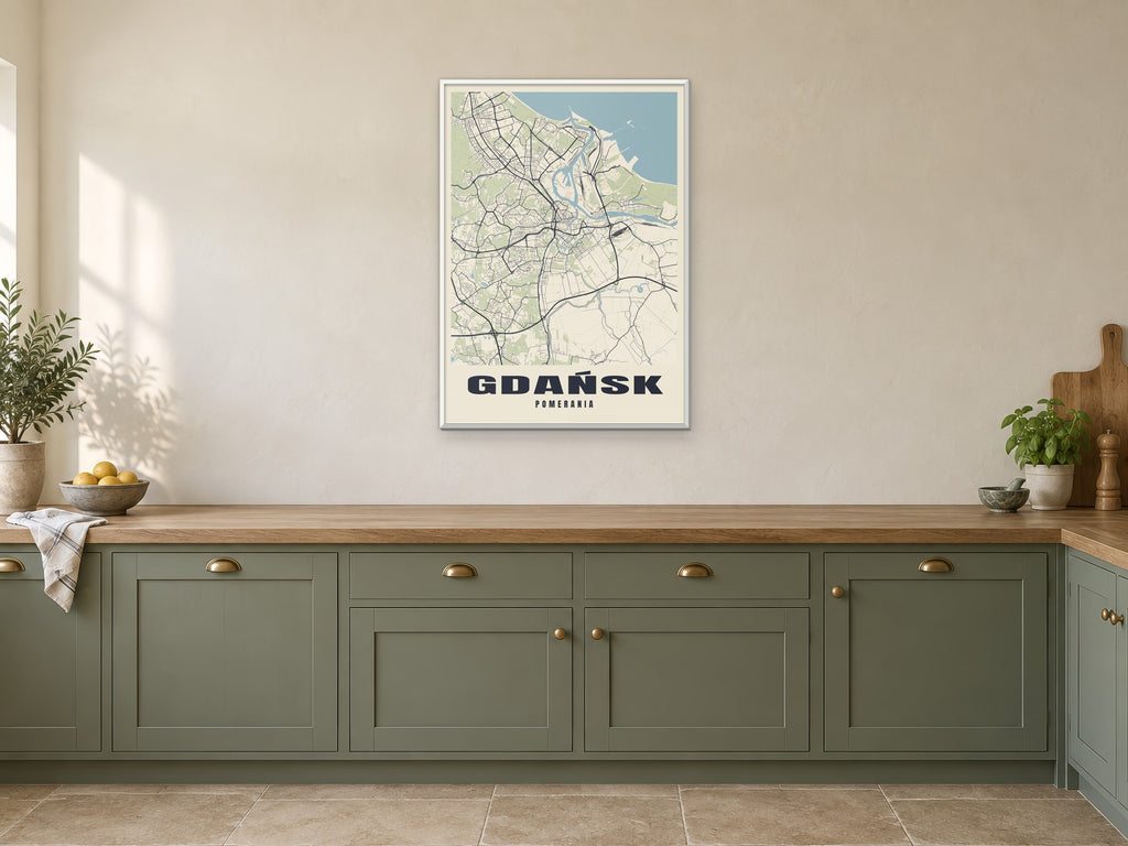Gdańsk Street Map Poster at A1, in a white frame, in a kitchen