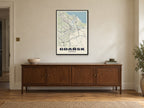 Gdańsk Street Map Poster at A1, in a black frame, above a sideboard