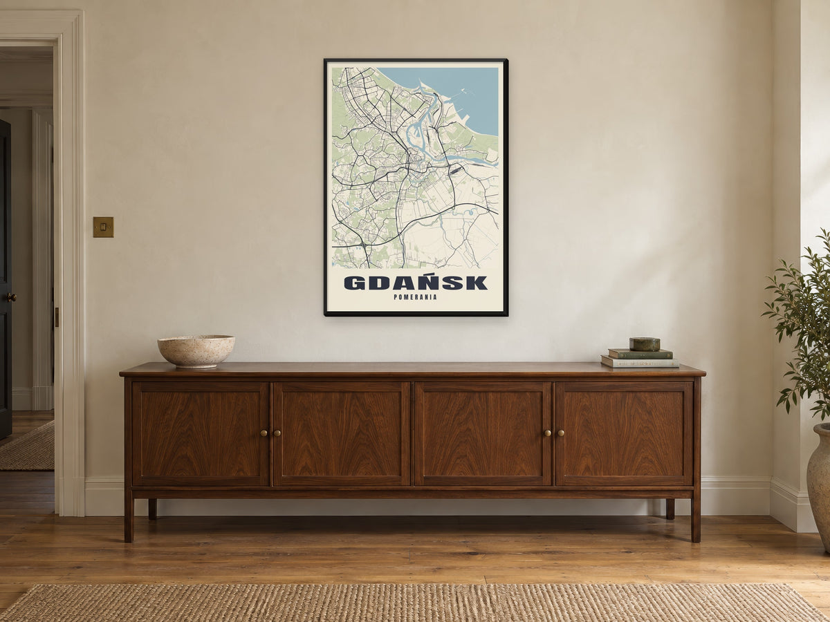 Gdańsk Street Map Poster at A1, in a black frame, above a sideboard