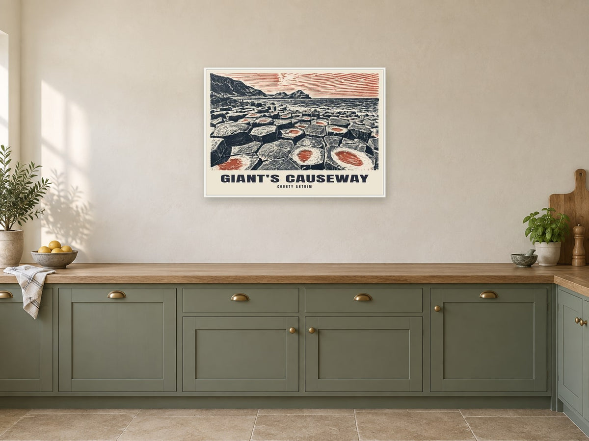 County Antrim, Giant's Causeway Poster at A1, in a white frame, in a kitchen