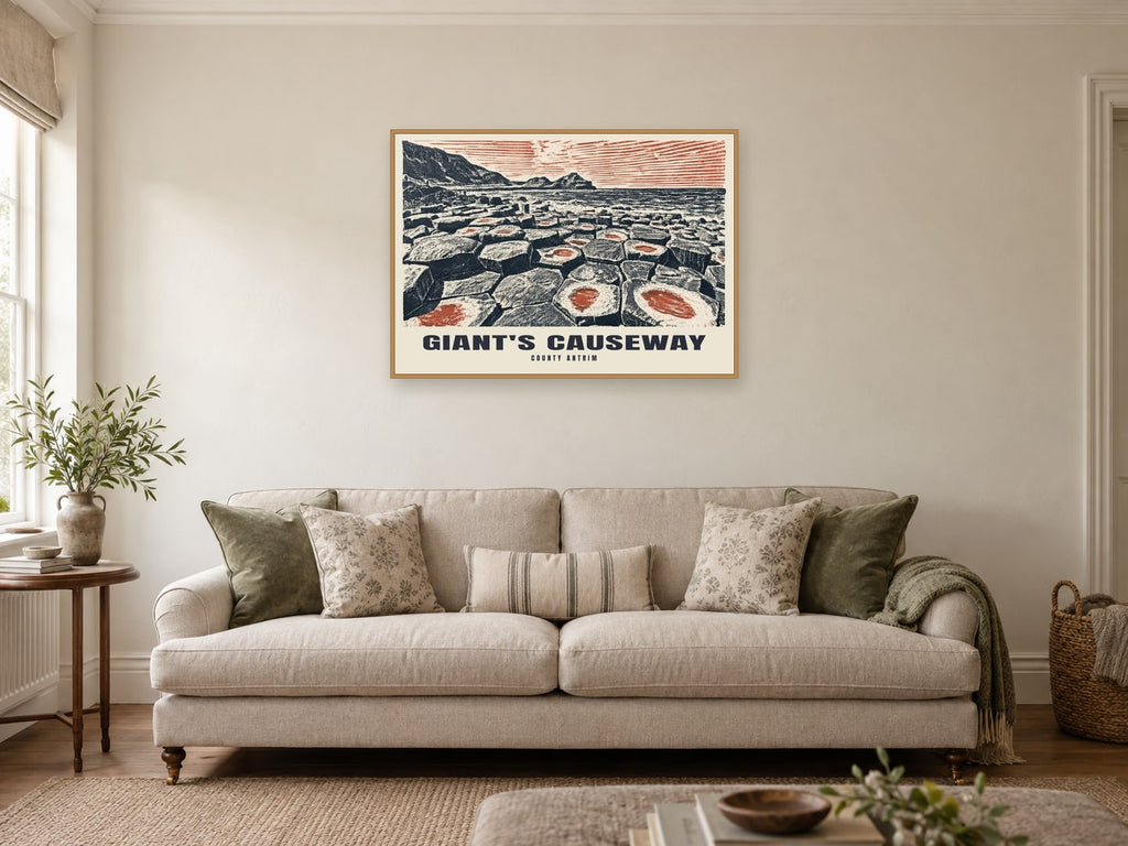 County Antrim, Giant's Causeway Poster at A1, in a natural wood frame, in a sitting room