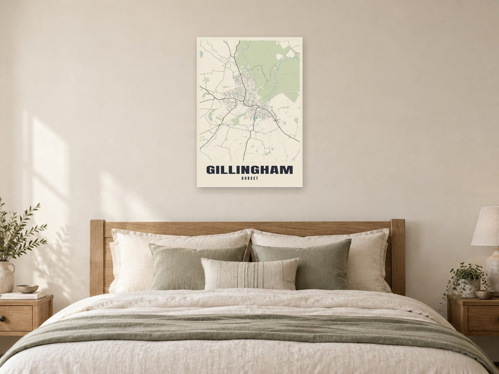 Gillingham Street Map Poster at A1, as a poster, above a bed