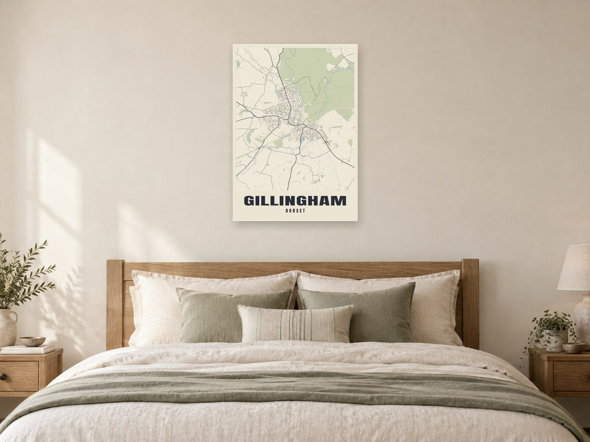 Gillingham Street Map Poster at A1, as a poster, above a bed