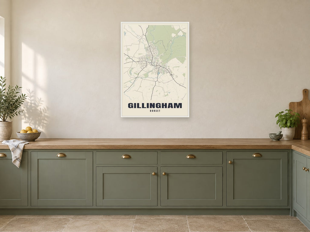 Gillingham Street Map Poster at A1, in a white frame, in a kitchen
