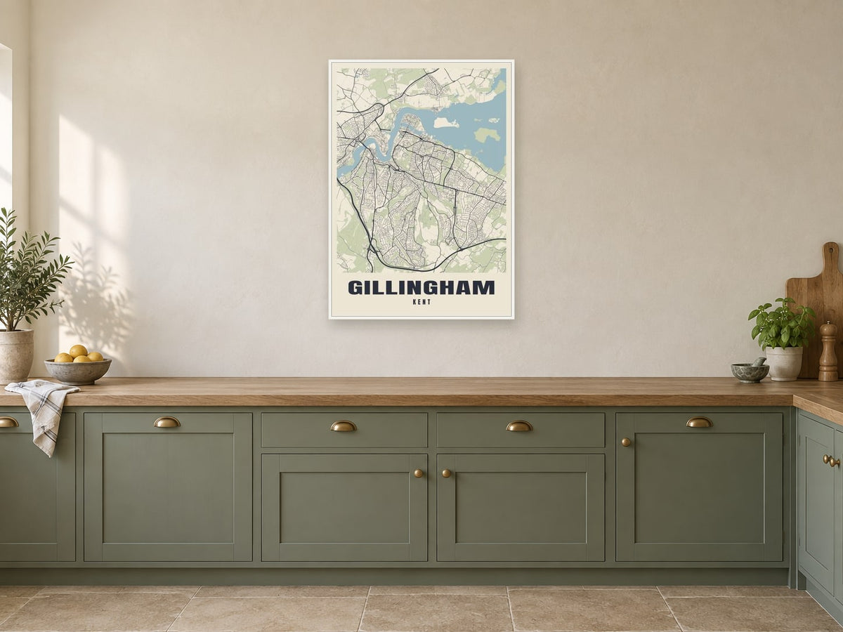 Gillingham Street Map Poster at A1, in a white frame, in a kitchen