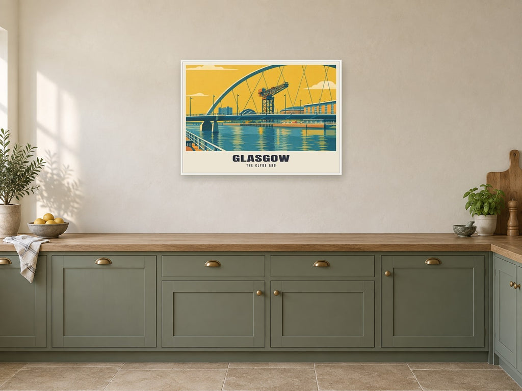 The Clyde Arc, Glasgow Poster at A1, in a white frame, in a kitchen