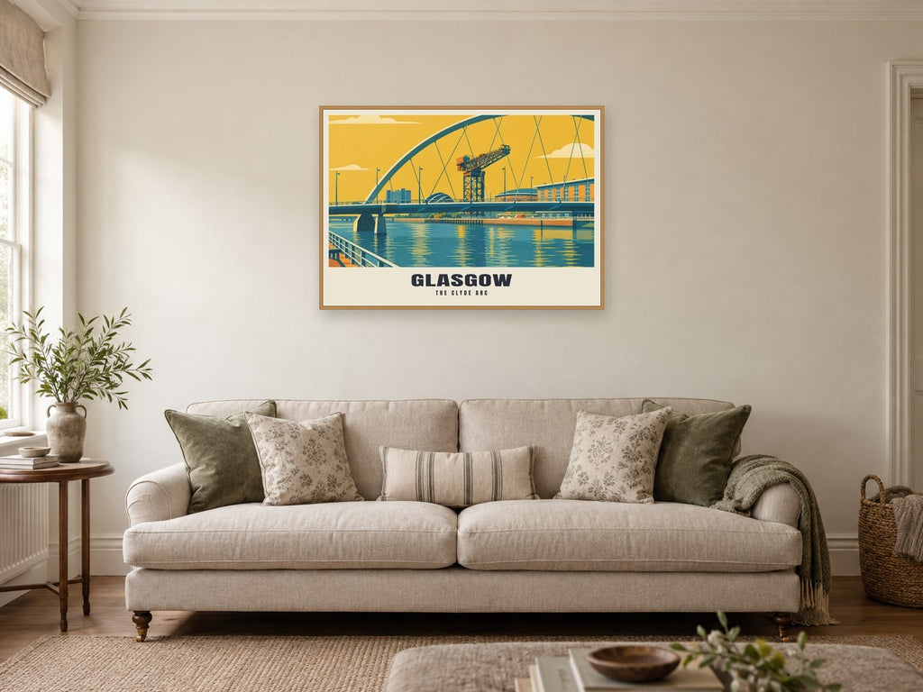The Clyde Arc, Glasgow Poster at A1, in a natural wood frame, in a sitting room