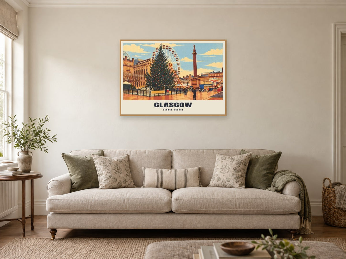 George Square, Glasgow Poster at A1, in a natural wood frame, in a sitting room