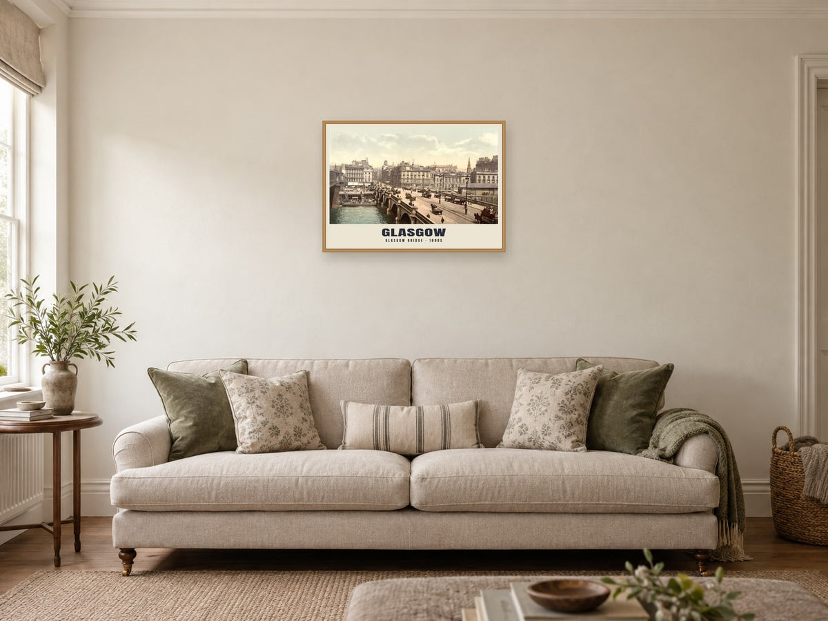Glasgow Bridge, 1890s Heritage Print at A2, in a natural wood frame, in a sitting room