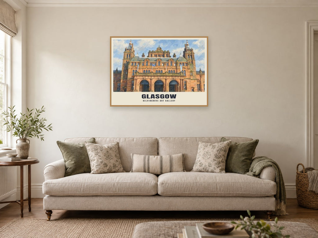 Kelvingrove Art Gallery, Glasgow Poster at A1, in a natural wood frame, in a sitting room