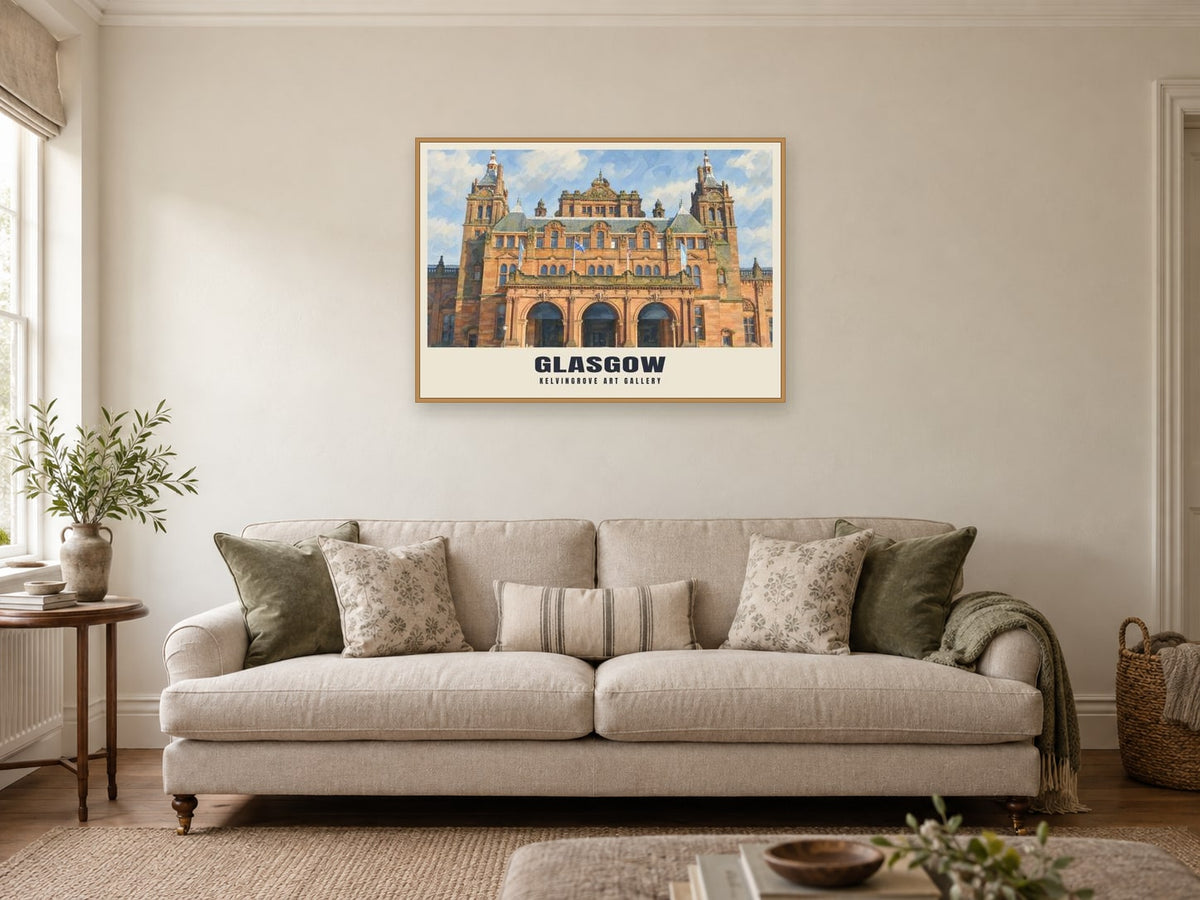 Kelvingrove Art Gallery, Glasgow Poster at A1, in a natural wood frame, in a sitting room