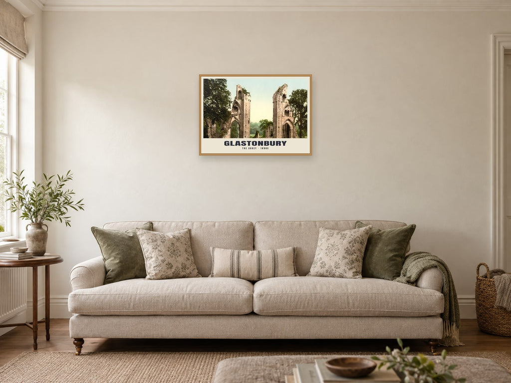 The Abbey, Glastonbury, 1890s Heritage Print at A2, in a natural wood frame, in a sitting room