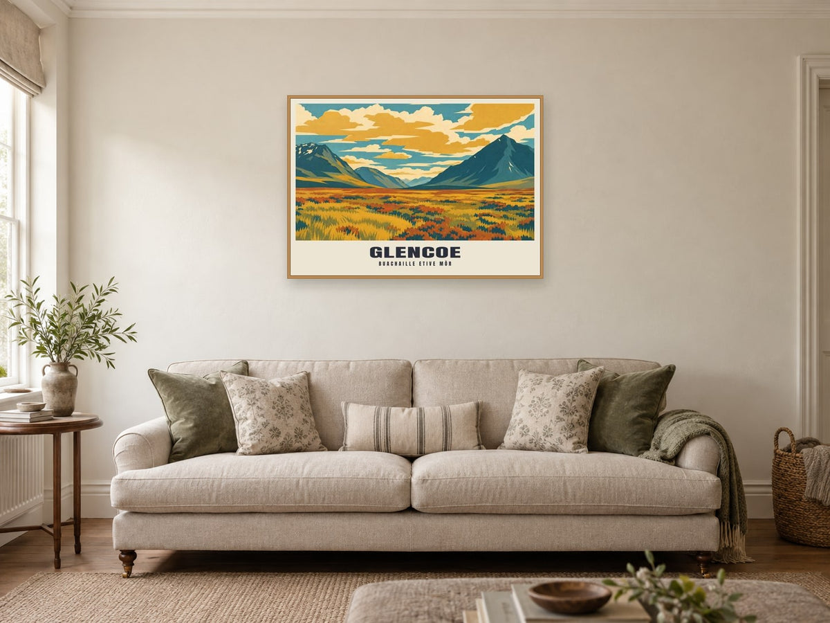 Buachaille Etive Mòr, Glencoe Poster at A1, in a natural wood frame, in a sitting room