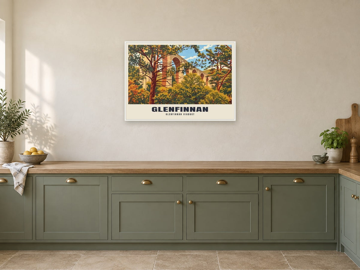 Glenfinnan Viaduct Poster at A1, in a white frame, in a kitchen