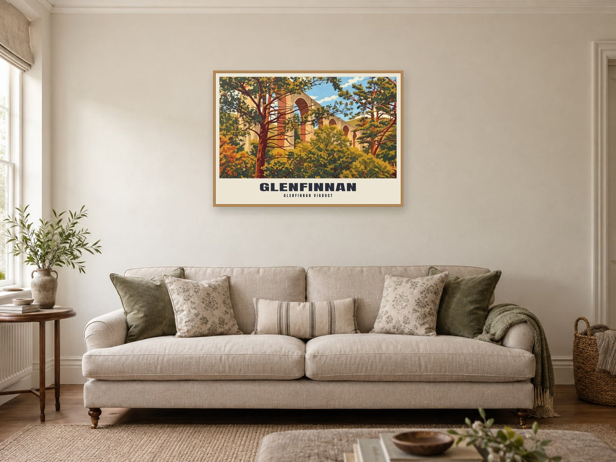 Glenfinnan Viaduct Poster at A1, in a natural wood frame, in a sitting room