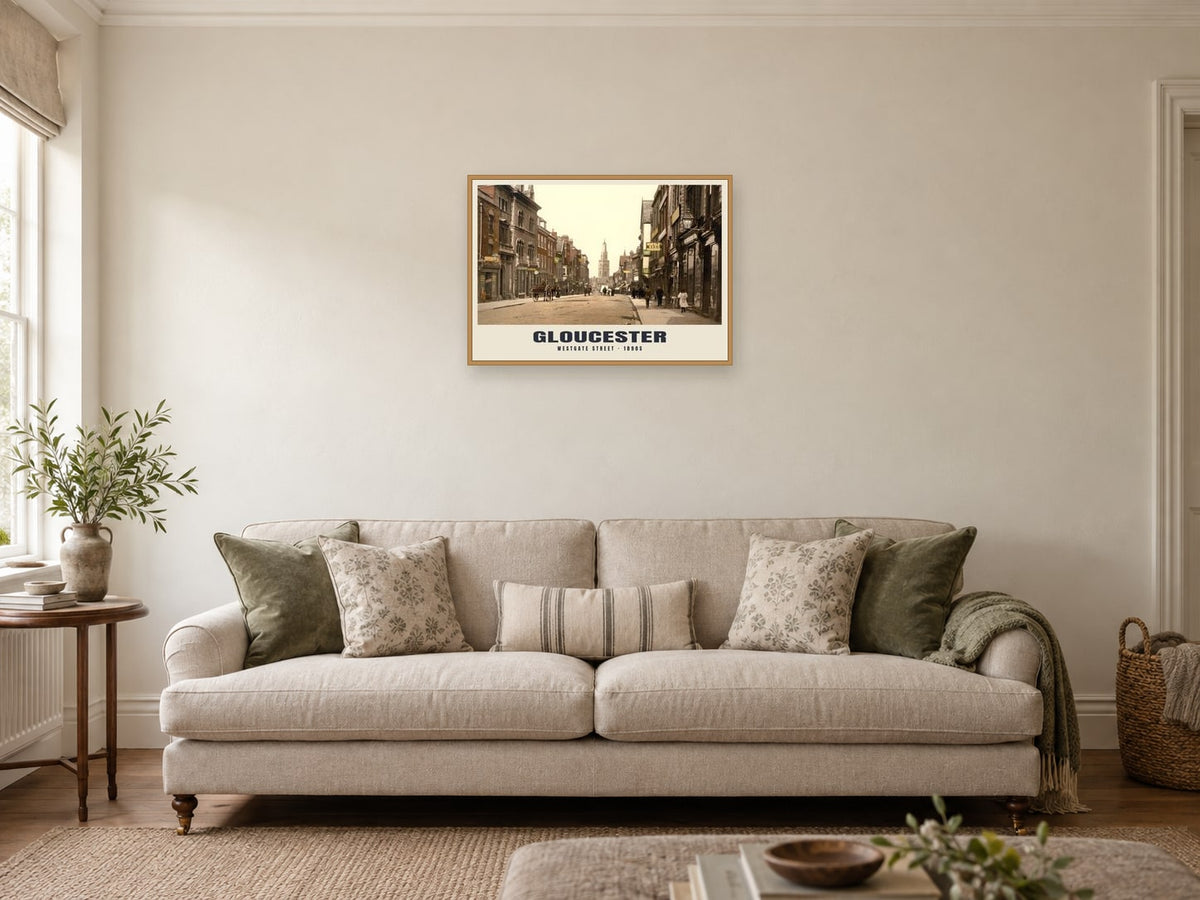 Westgate Street, Gloucester, 1890s Heritage Print at A2, in a natural wood frame, in a sitting room