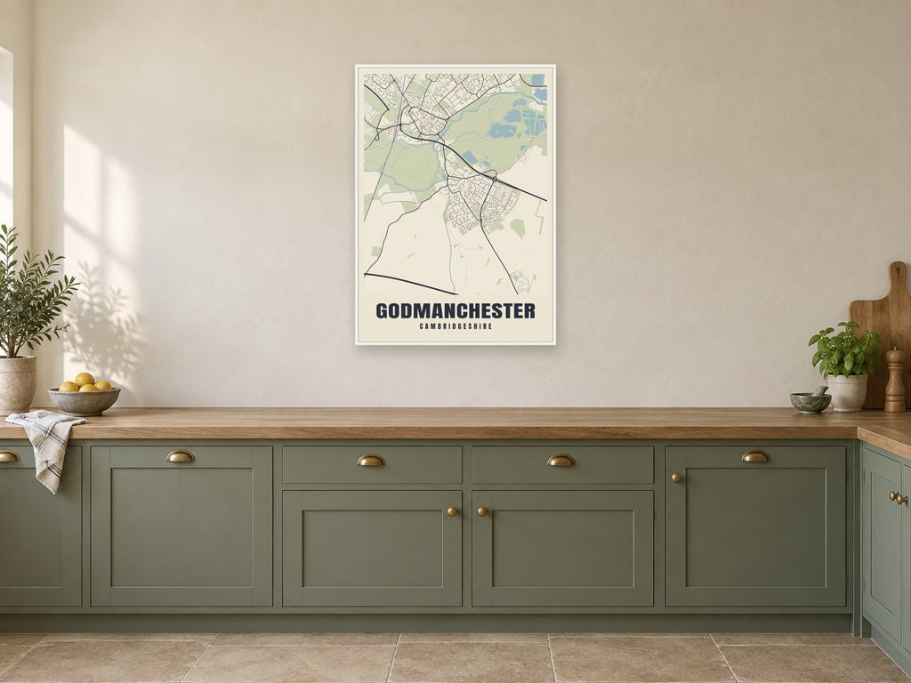 Godmanchester Street Map Poster at A1, in a white frame, in a kitchen