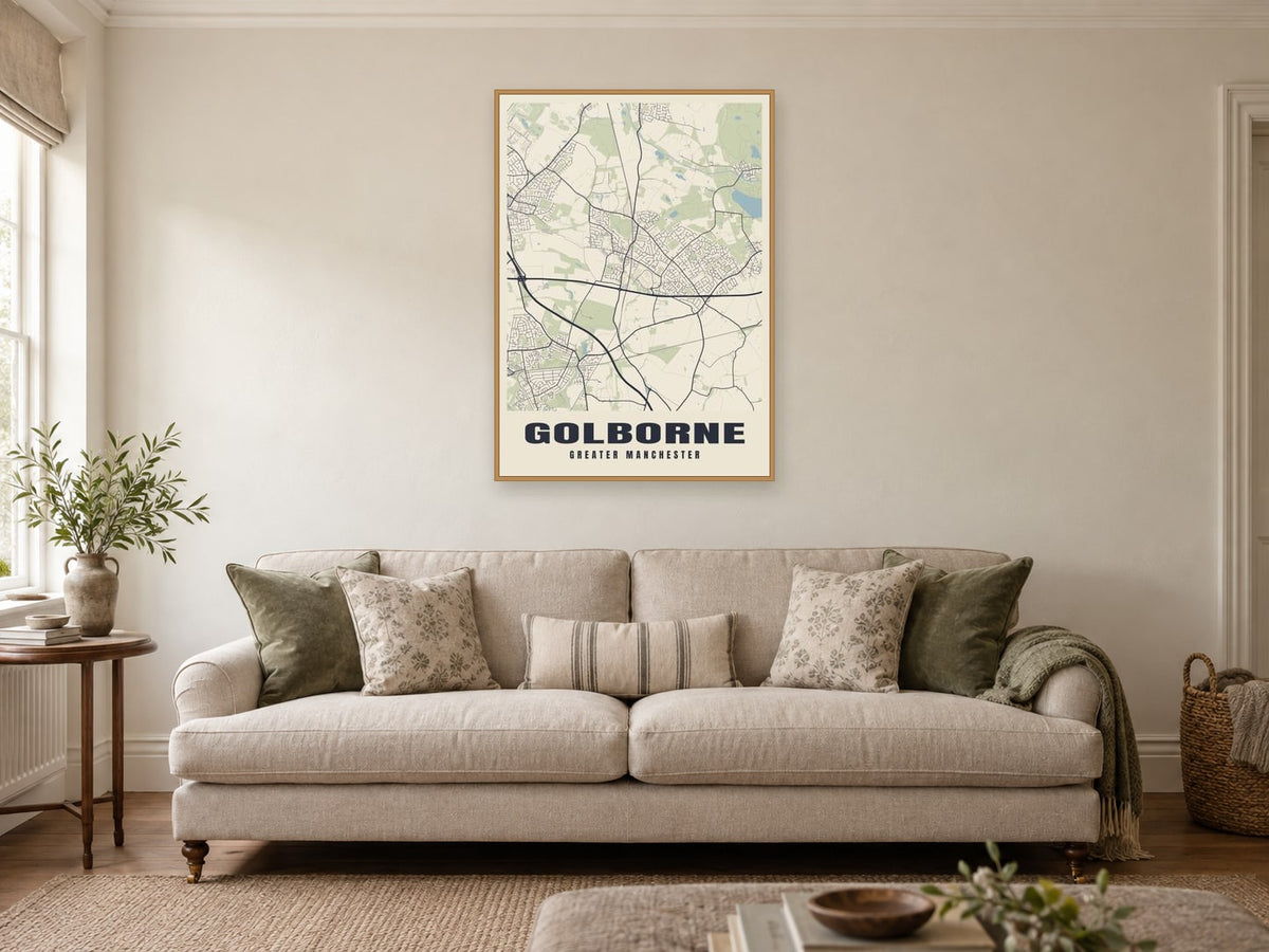 Golborne Street Map Poster at A1, in a natural wood frame, in a sitting room