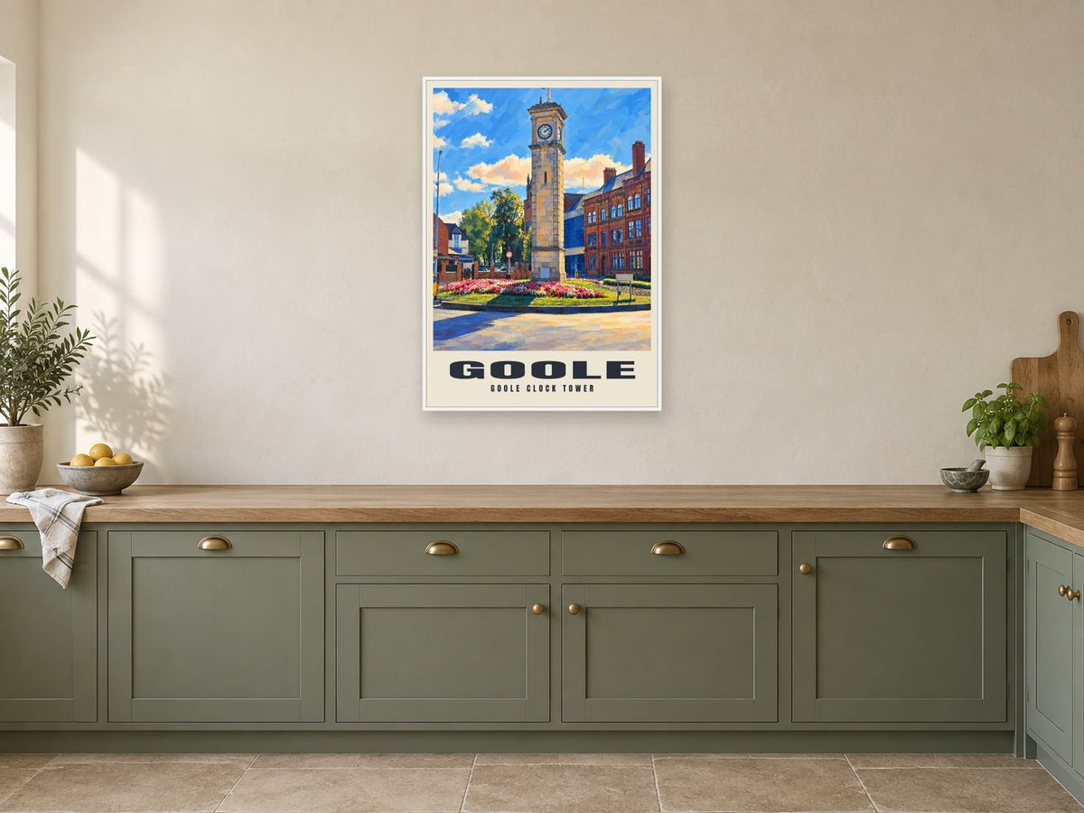 Goole Clock Tower Poster at A1, in a white frame, in a kitchen