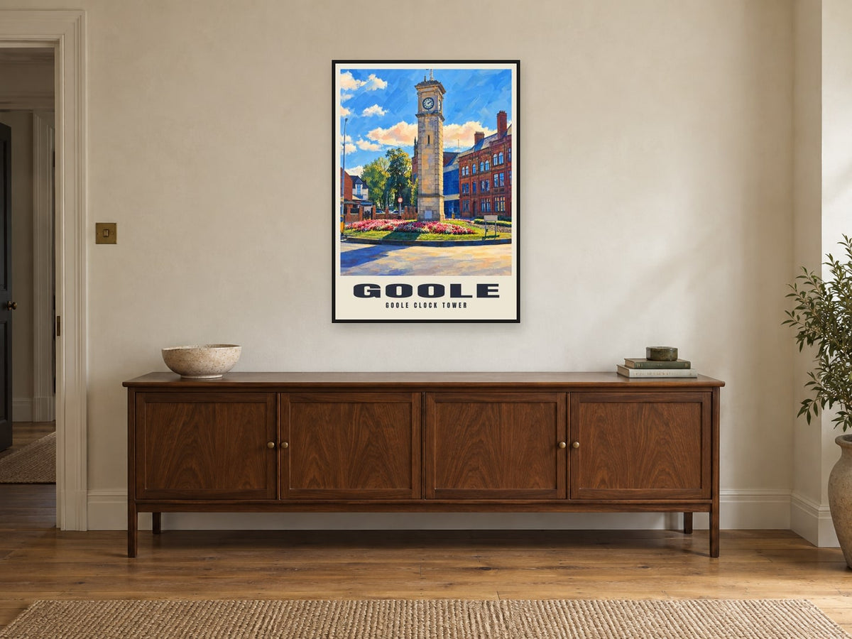 Goole Clock Tower Poster at A1, in a black frame, above a sideboard