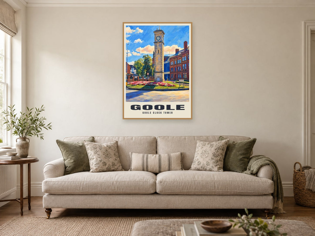 Goole Clock Tower Poster at A1, in a natural wood frame, in a sitting room