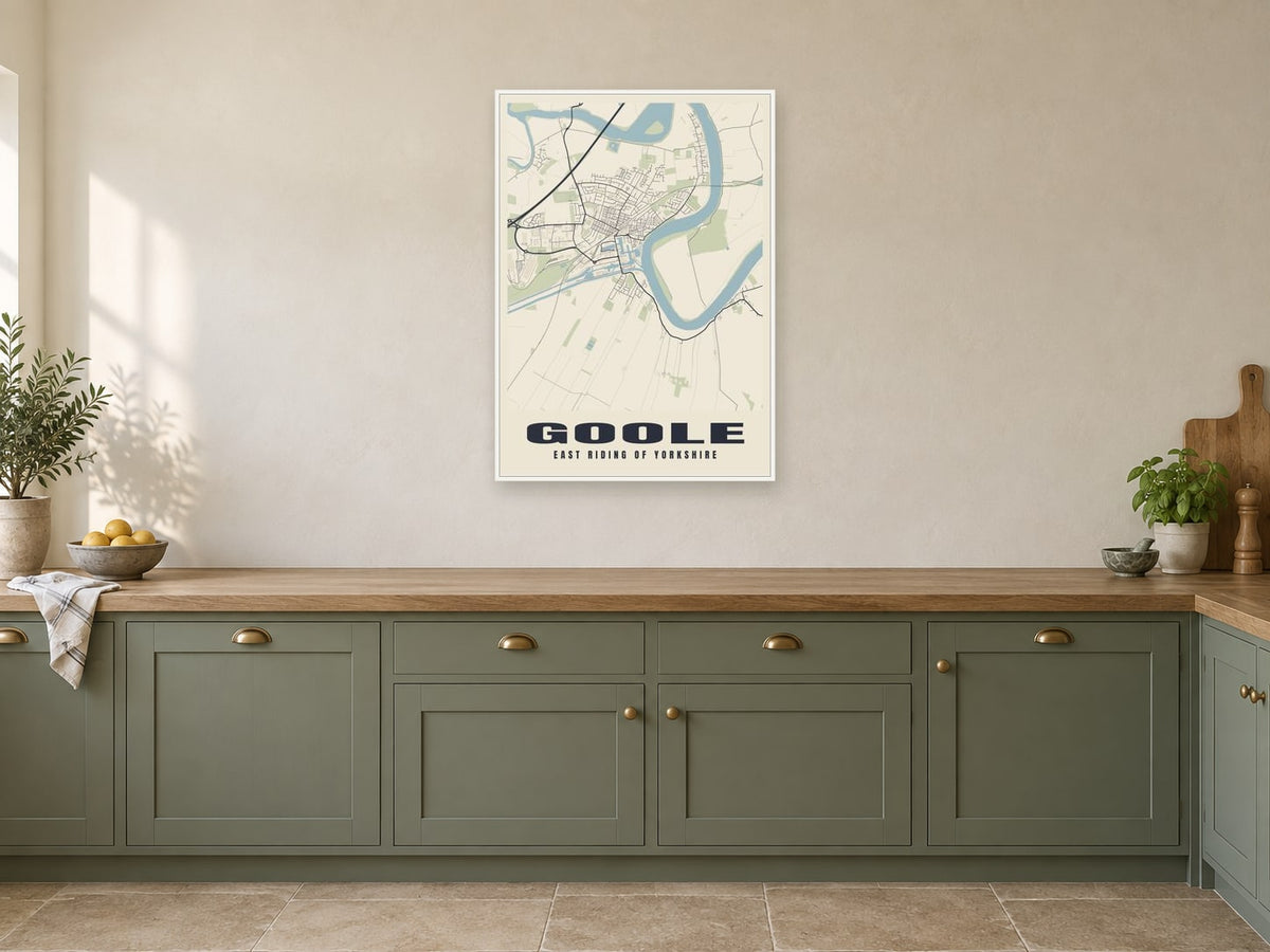 Goole Street Map Poster at A1, in a white frame, in a kitchen