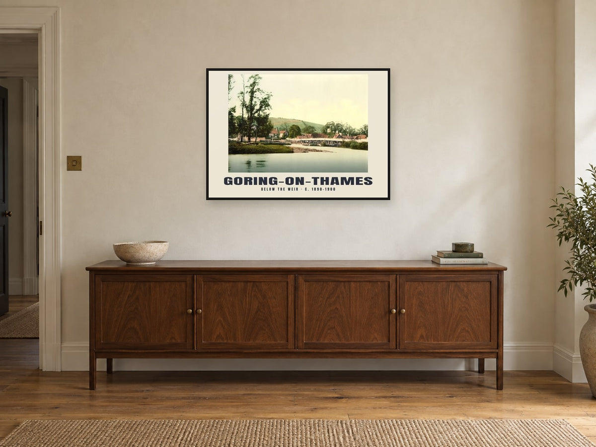 Below the weir, Goring-on-Thames, c. 1890–1900 Heritage Print at A1, in a black frame, above a sideboard