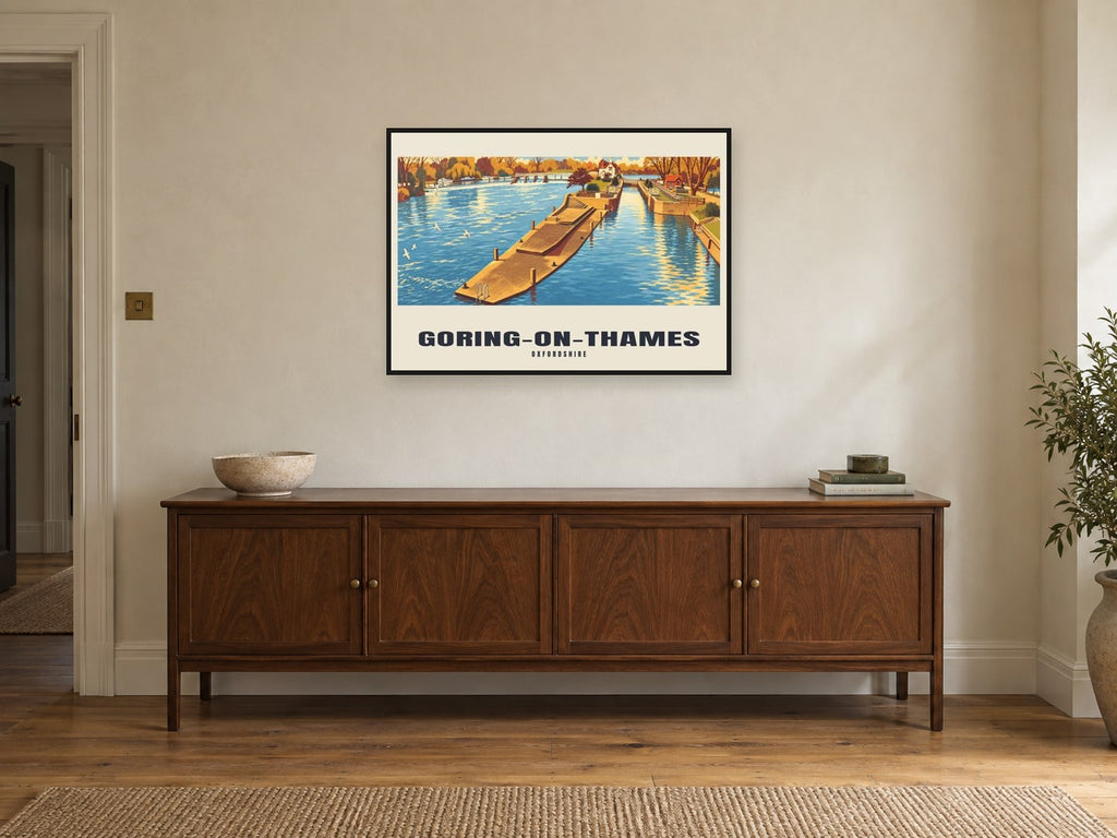 Goring-on-Thames Poster — Goring Lock at A1, in a black frame, above a sideboard
