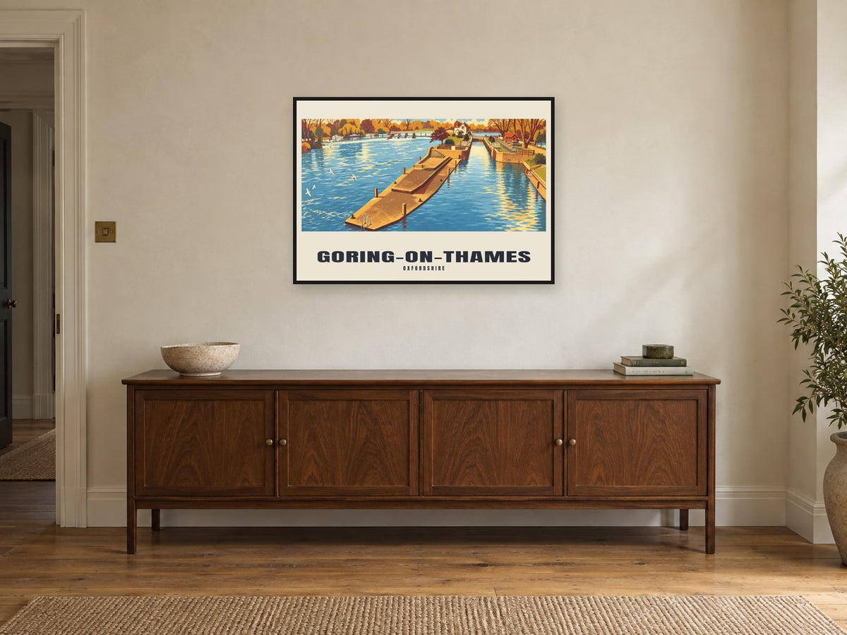 Goring-on-Thames Poster — Goring Lock at A1, in a black frame, above a sideboard
