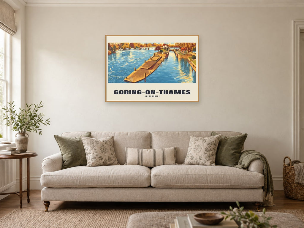 Goring-on-Thames Poster — Goring Lock at A1, in a natural wood frame, in a sitting room
