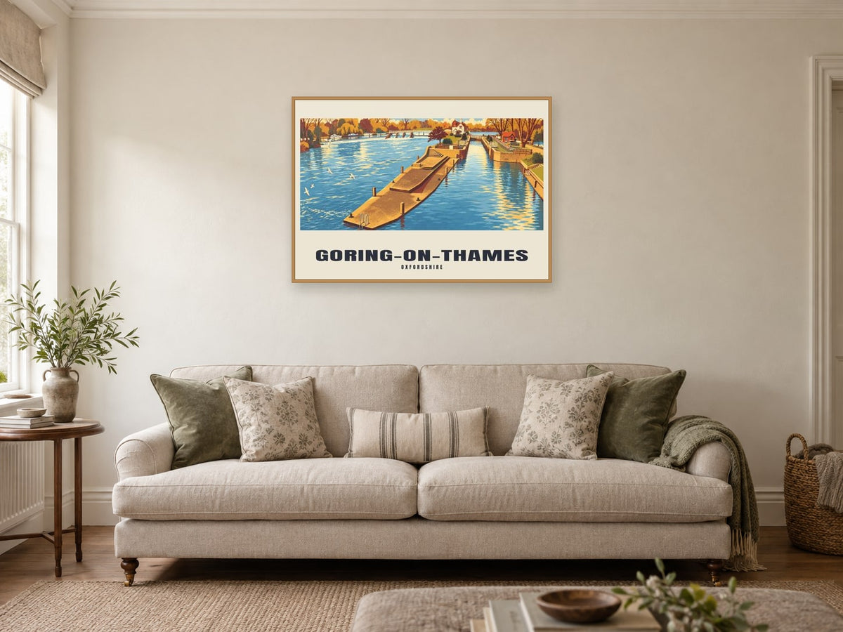 Goring-on-Thames Poster — Goring Lock at A1, in a natural wood frame, in a sitting room